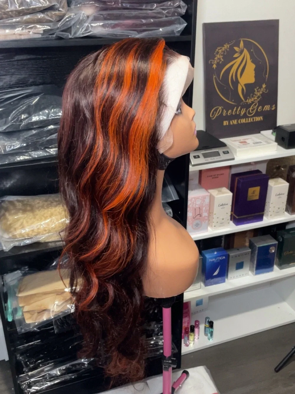 Natural Wave Lace Front Wig in Black with Orange Highlights